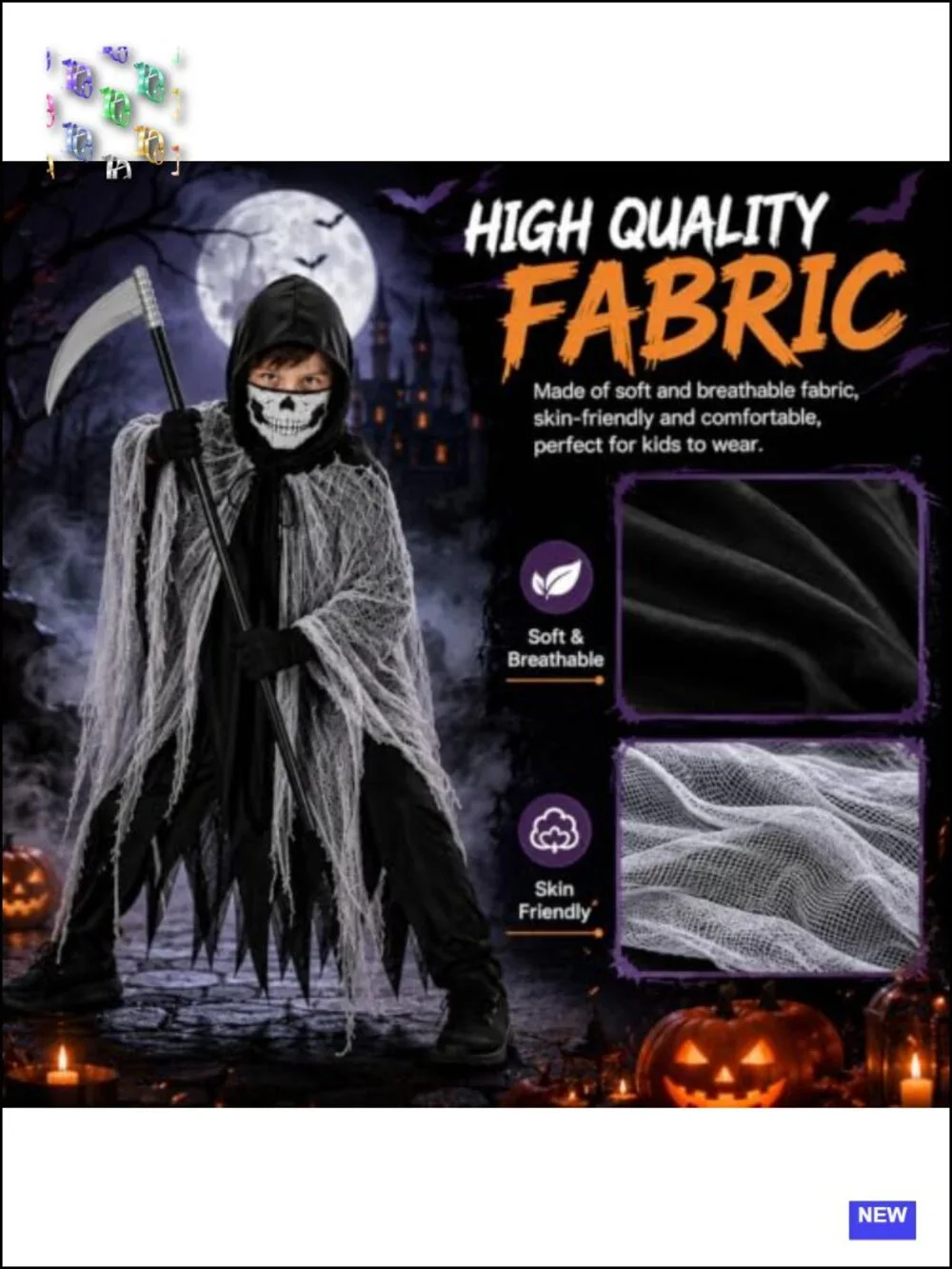 Grim Reaper Costume for Kids, 4-Piece Halloween Cloak Set with Mask, Gloves,